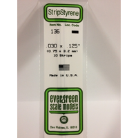 White Polystyrene Strip 0.030 x 0.125 x 14&quot; / 0.76mm x 3.2mm x 36cm (10) EG136