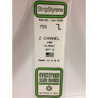 White Polystyrene Z Channel .156 x .078 x 14&quot; / 4mm x 2mm x 36cm (3) EG755